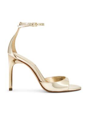 NEW Schutz Scarlett Heeled Sandal in Platina Gold Metallic Patent Leather Heels